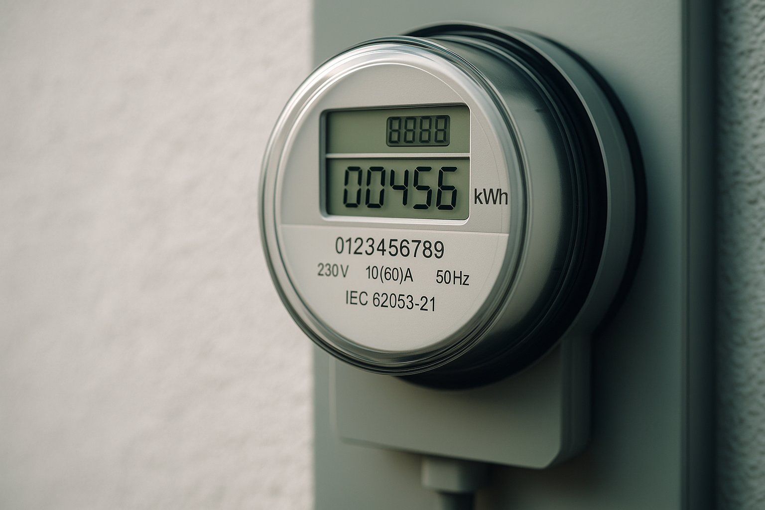 Contador eléctrico moderno de vivienda que representa la potencia contratada y el consumo de energía doméstico.